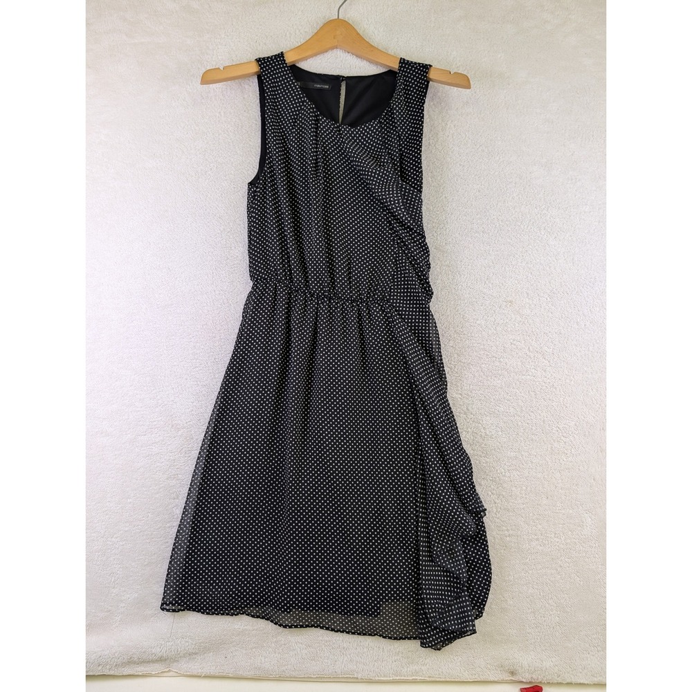 Maurices Womens Small Black Polka Dot Sleeveless Ruffle Draped Chiffon Dress